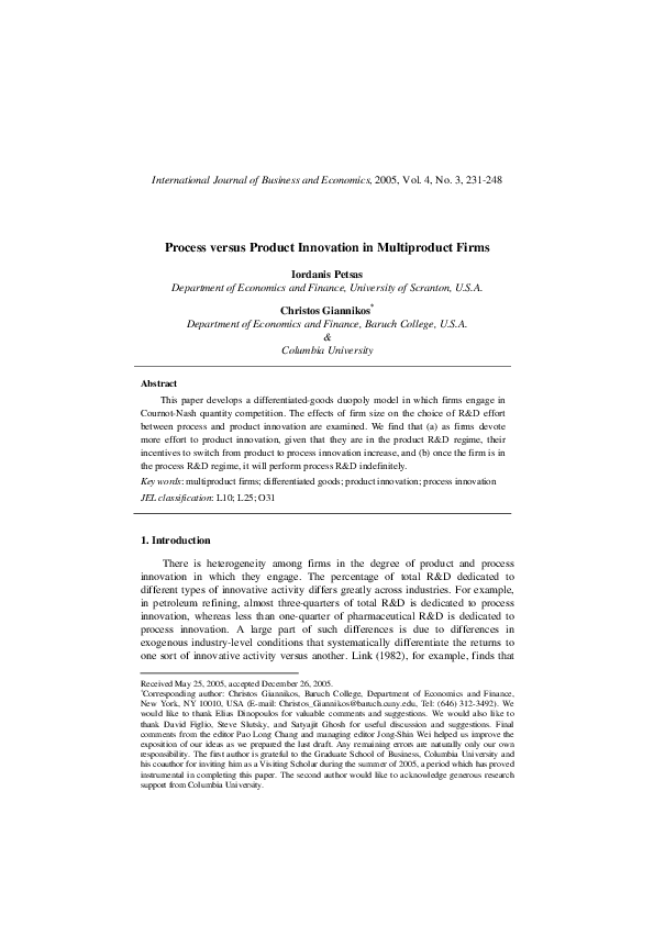 (PDF) 2005, Process versus product innovation in multiproduct firms