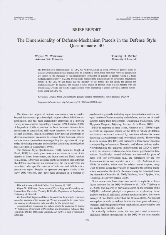 (PDF) The Dimensionality of Defense-Mechanism Parcels in the Defense ...