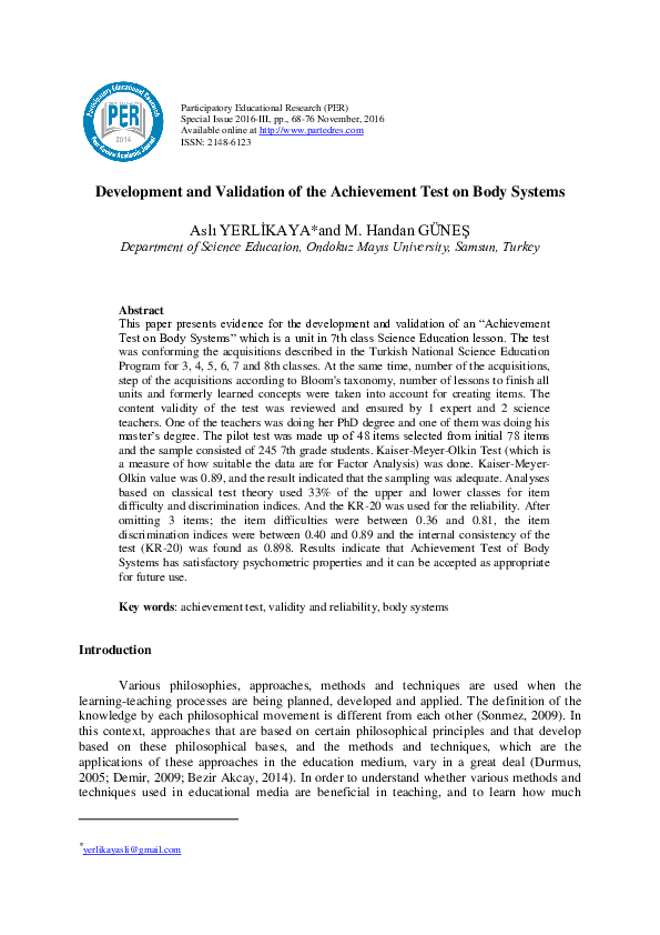 (PDF) Development and Validation of the Achievement Test on Body ...