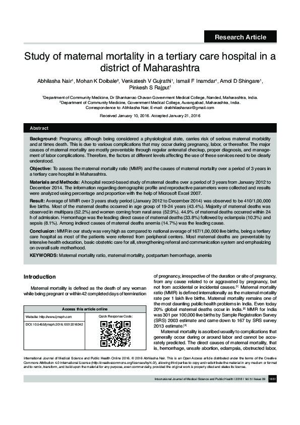 (PDF) Study of maternal mortality in a tertiary care hospital in a ...