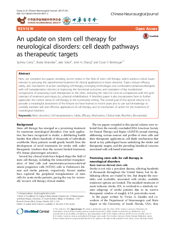 (PDF) An update on stem cell therapy for neurological disorders: cell ...