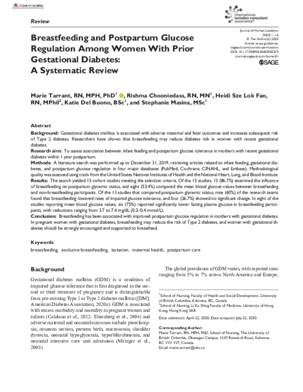 (PDF) Breastfeeding and Postpartum Glucose Regulation Among Women With ...
