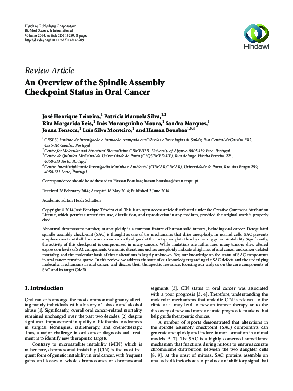 (PDF) An overview of the spindle assembly checkpoint status in oral