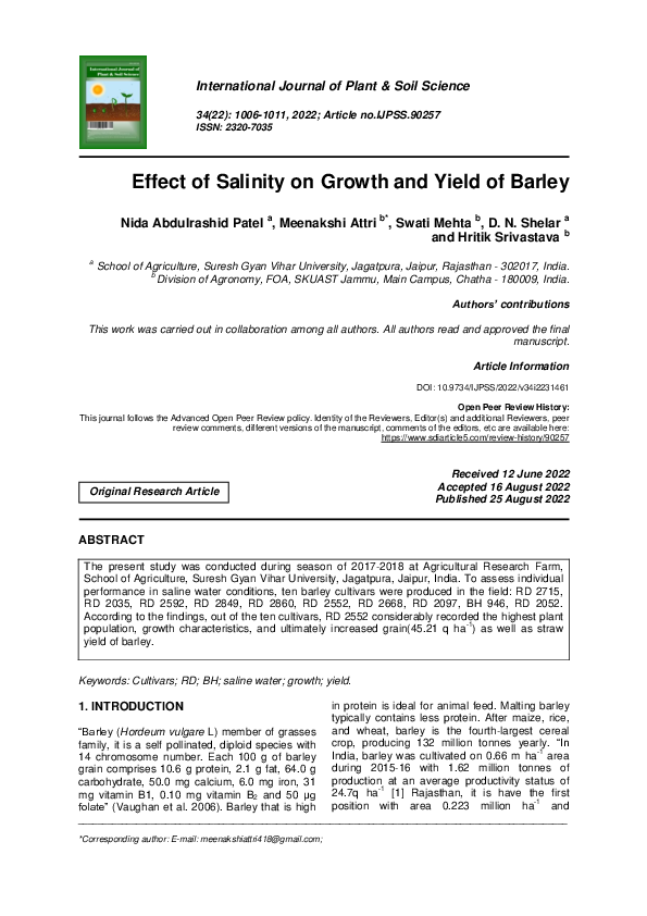 (PDF) Effect of Salinity on Growth and Yield of Barley