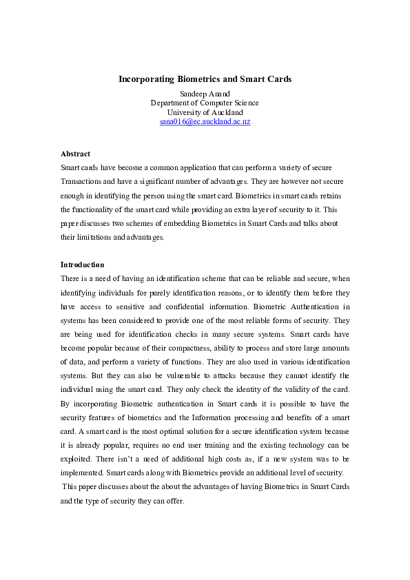 (PDF) Incorporating Biometrics and Smart Cards