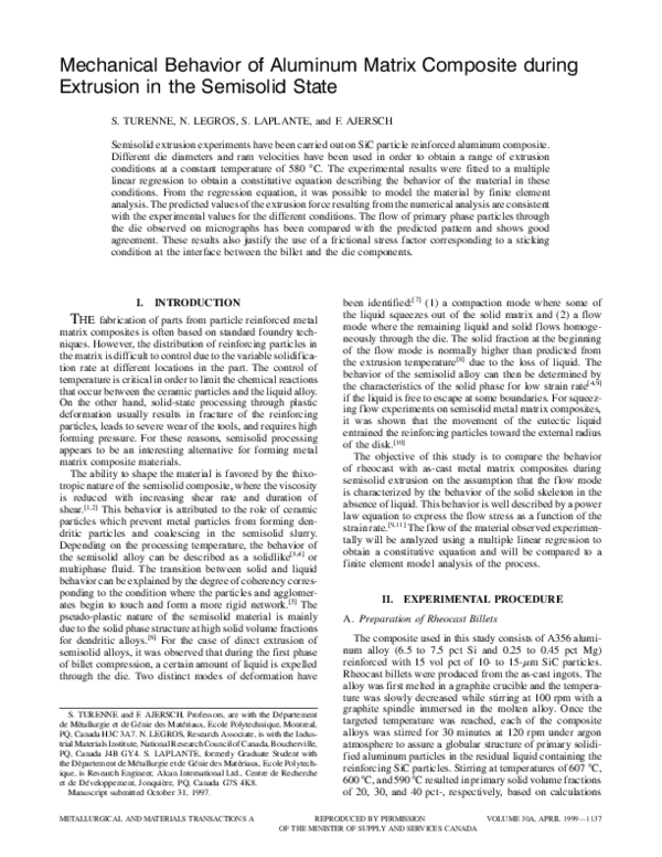 (PDF) Mechanical behavior of aluminum matrix composite during extrusion ...