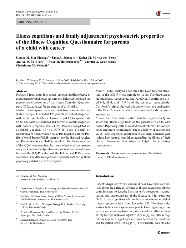 (PDF) Illness cognitions and family adjustment: psychometric properties ...