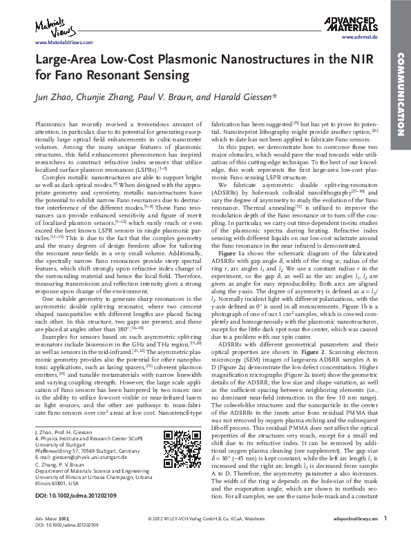 (PDF) Large-Area Low-Cost Plasmonic Nanostructures in the NIR for Fano ...