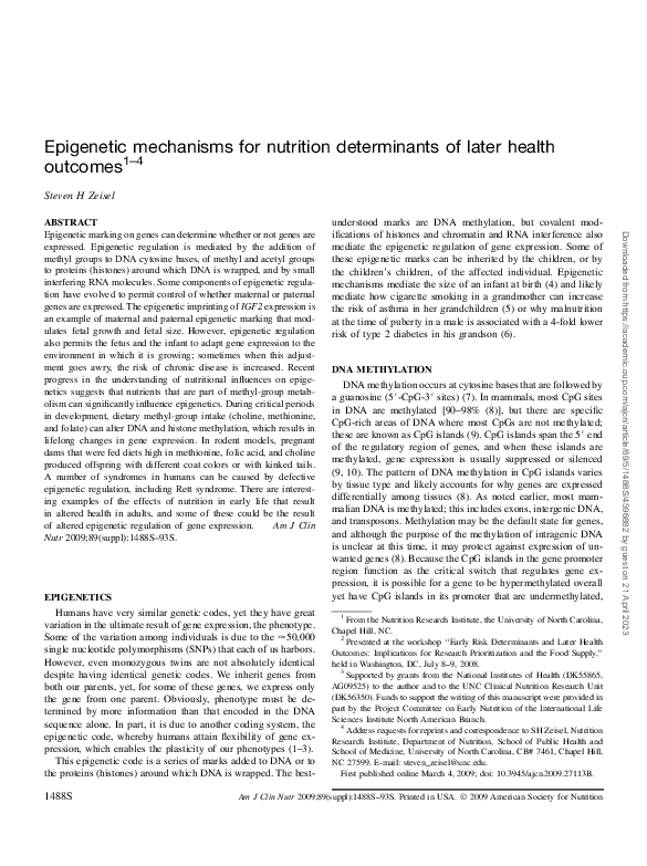 (PDF) Epigenetic mechanisms for nutrition determinants of later health ...