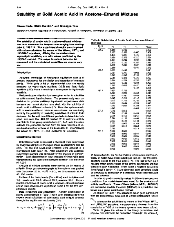 (PDF) Solubility of solid acetic acid in acetoneethanol mixtures