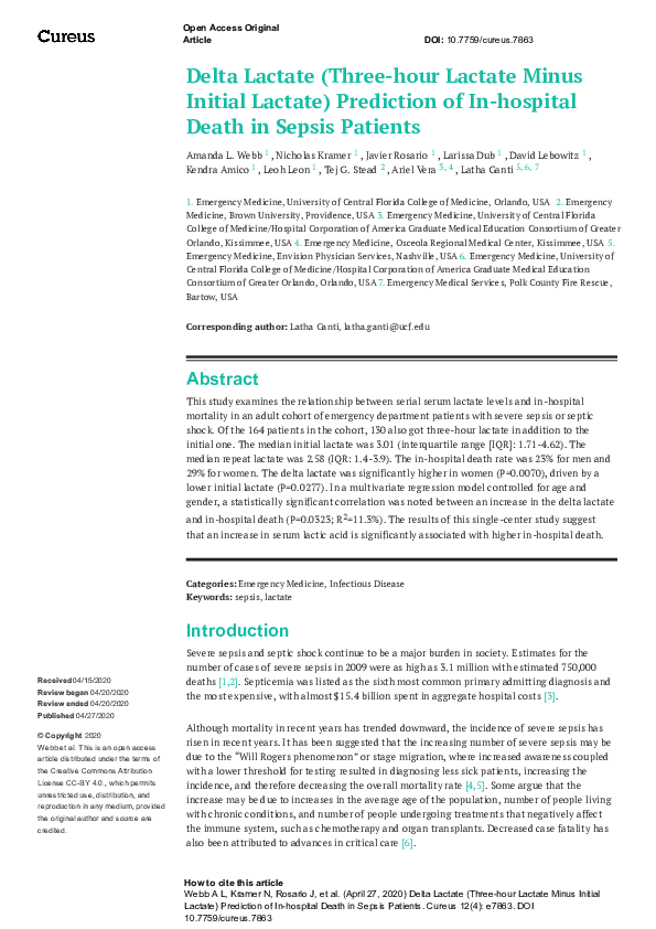 (PDF) Delta Lactate (Three-hour Lactate Minus Initial Lactate ...