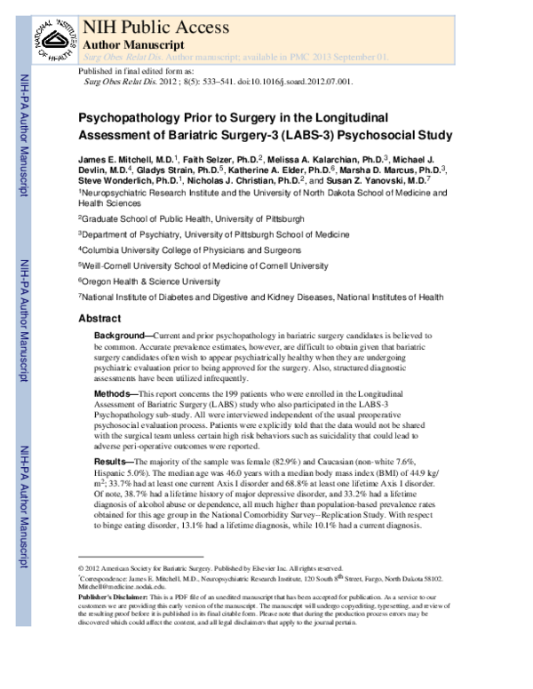 (PDF) Psychopathology before surgery in the Longitudinal Assessment of ...