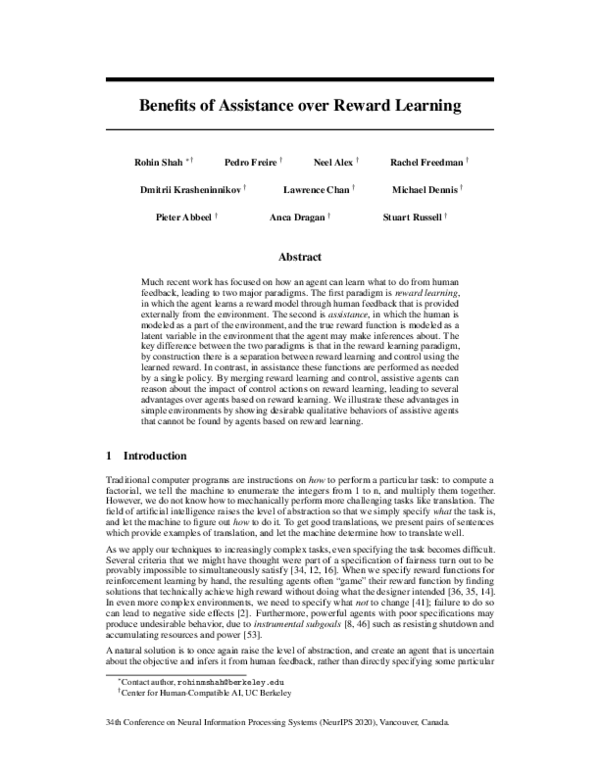 (PDF) Benefits of Assistance over Reward Learning