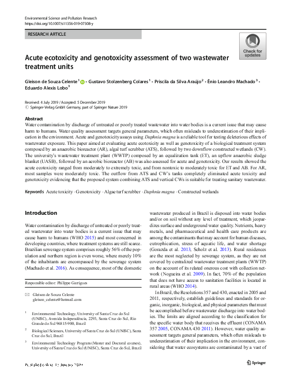 (PDF) Acute ecotoxicity and genotoxicity assessment of two wastewater ...