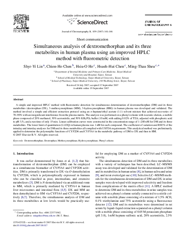 (PDF) Simultaneous analysis of dextromethorphan and its three