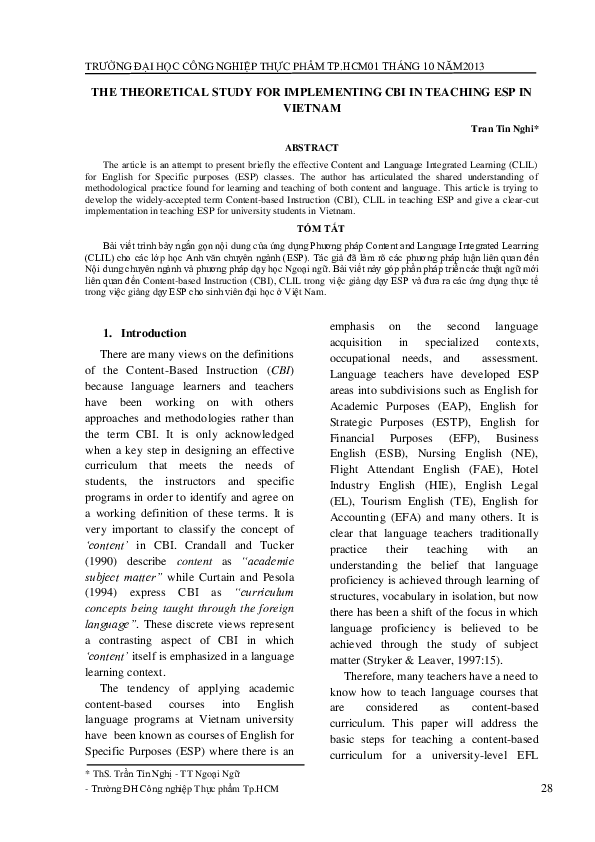 (PDF) The Theoretical Study for Implementing Cbi in Teaching Esp in Vietnam