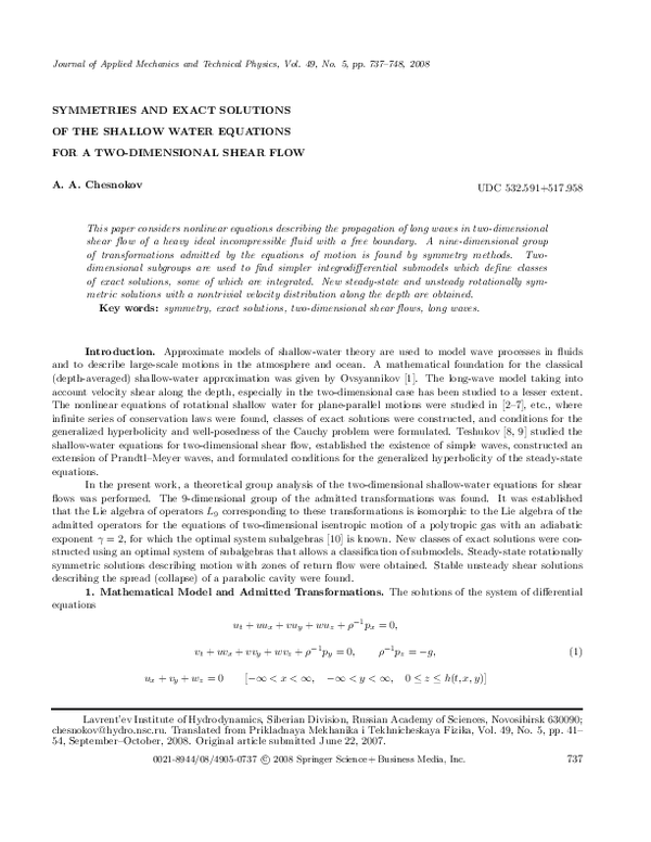 (PDF) Symmetries and exact solutions of the shallow water equations for ...