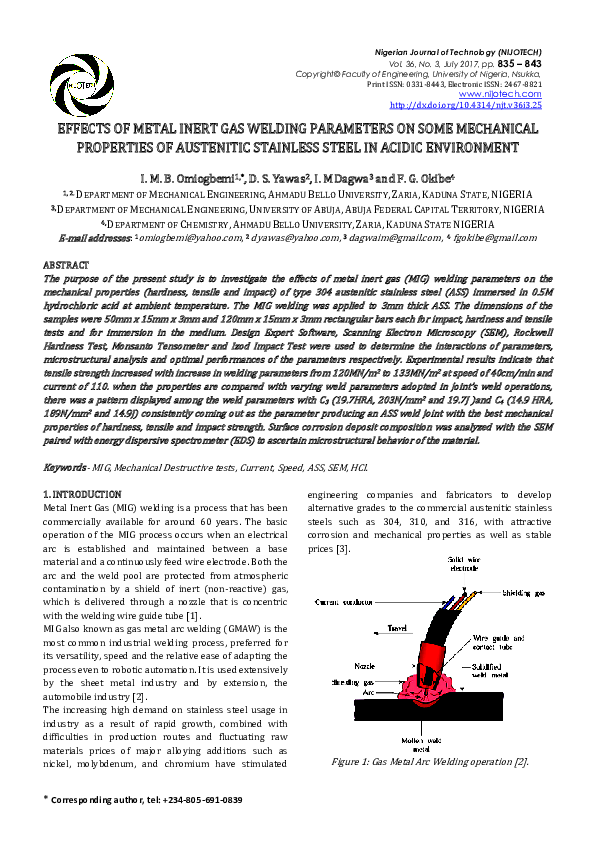 (PDF) Effects of Metal Inert Gas Welding Parameters on Some Mechanical
