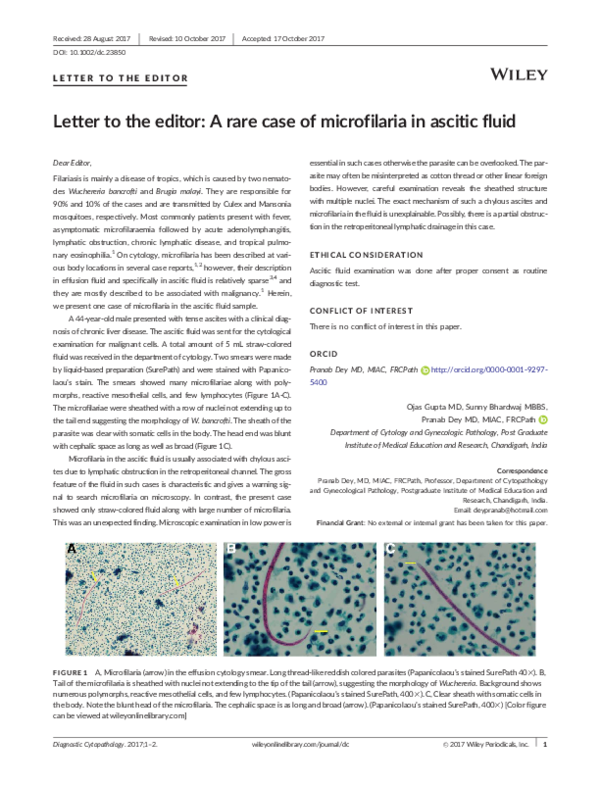 (PDF) Letter to the editor A rare case of microfilaria in ascitic