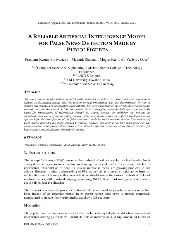 (PDF) A Reliable Artificial Intelligence Model for False News Detection ...