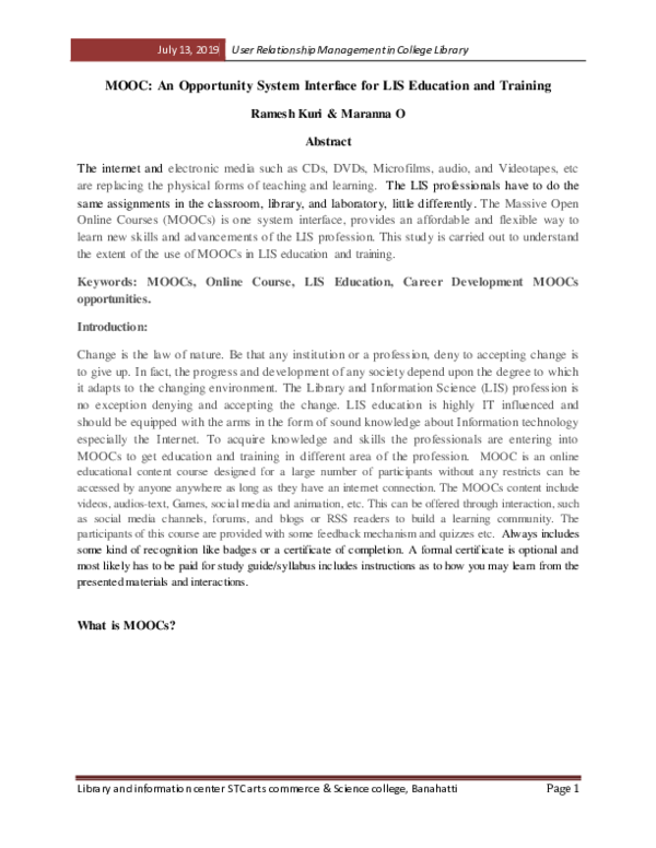 (PDF) MOOC: An Opportunity System Interface for LIS Education and Training