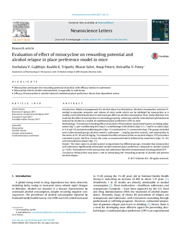 (PDF) Evaluation of effect of minocycline on rewarding potential and ...