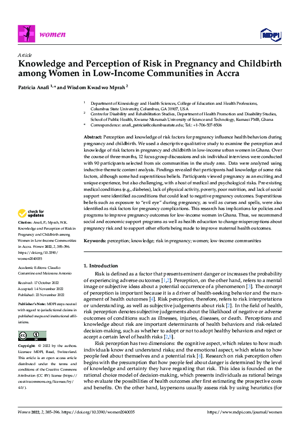 (PDF) Knowledge and Perception of Risk in Pregnancy and Childbirth ...