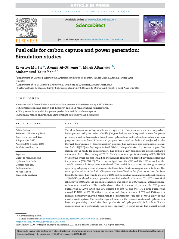 (PDF) Fuel cells for carbon capture and power generation: Simulation ...