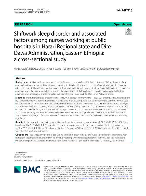 (PDF) Shiftwork sleep disorder and associated factors among nurses ...