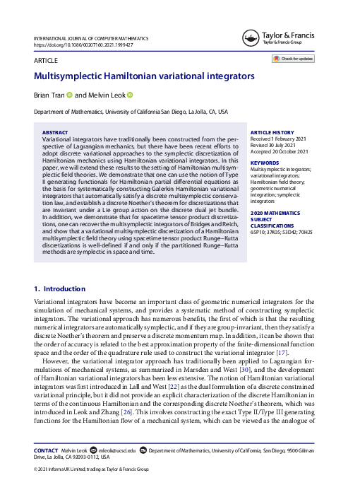 (PDF) Multisymplectic Hamiltonian variational integrators