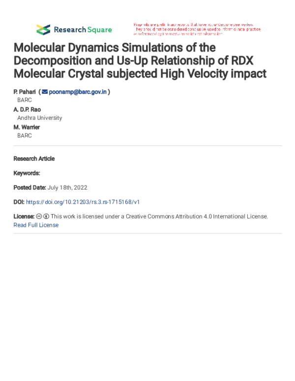 (PDF) Molecular dynamics simulations of the decomposition and Us–Up ...