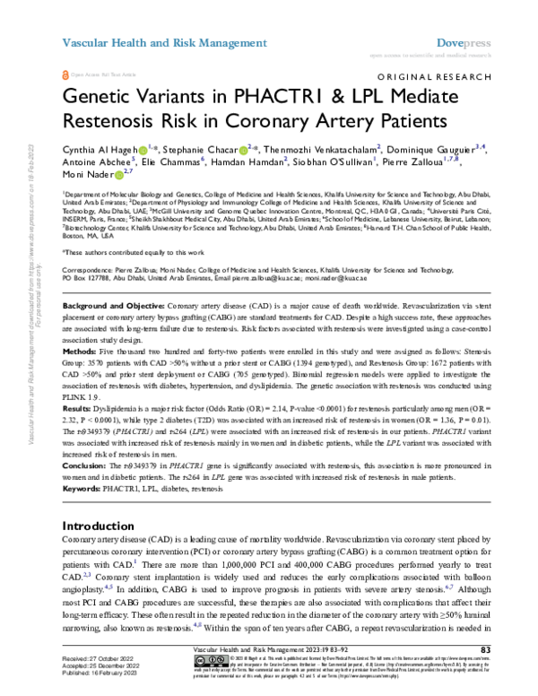 (PDF) Genetic Variants in PHACTR1 & LPL Mediate Restenosis Risk in ...