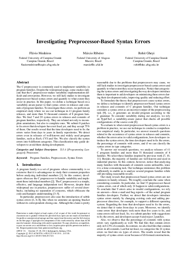 (PDF) Investigating preprocessor-based syntax errors