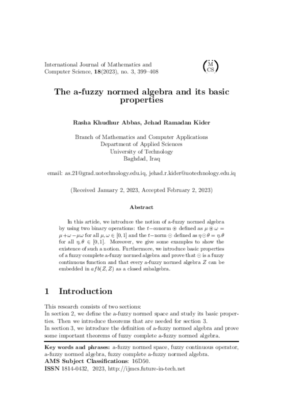 (PDF) The a-fuzzy normed algebra and its basic properties