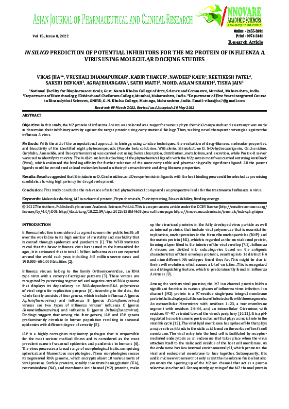 (PDF) IN SILICO PREDICTION OF POTENTIAL INHIBITORS FOR THE M2 PROTEIN ...