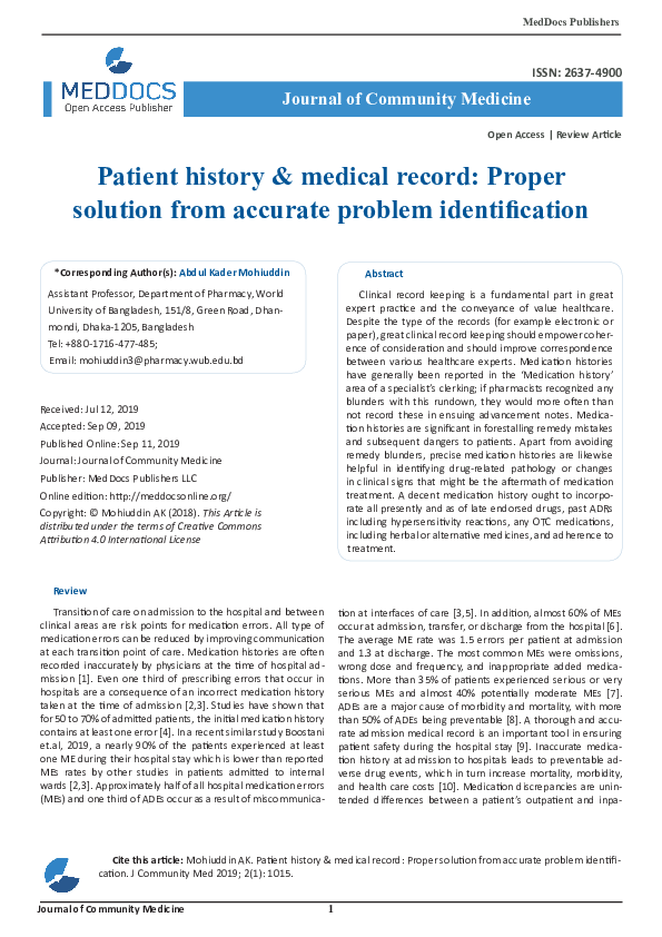 (PDF) Patient history & medical record: Proper solution from accurate ...