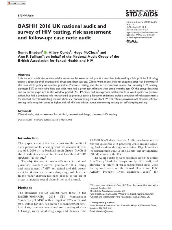 (PDF) BASHH 2016 UK national audit and survey of HIV testing, risk ...