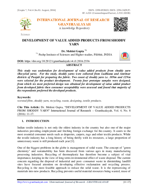 (PDF) Development of Value Added Products from Shoddy Yarn