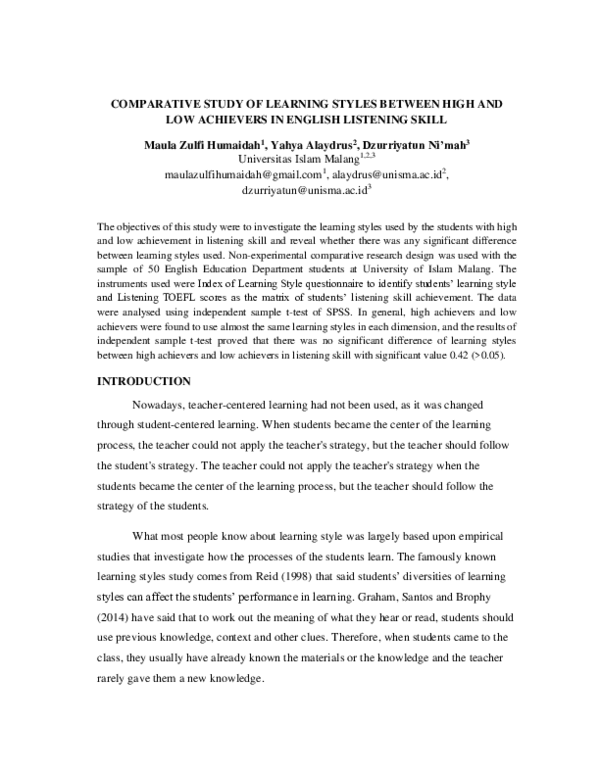 (PDF) Comparative Study of Learning Styles Between High And Low ...