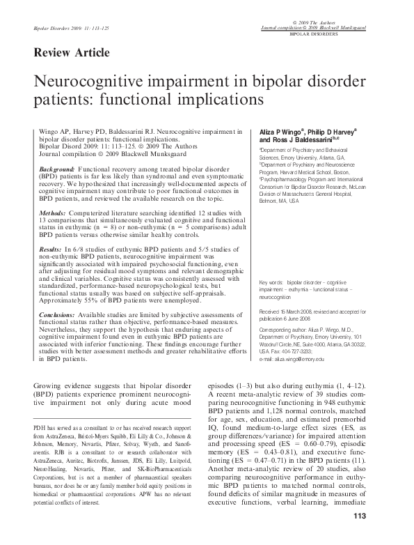 (PDF) Neurocognitive impairment in bipolar disorder patients ...