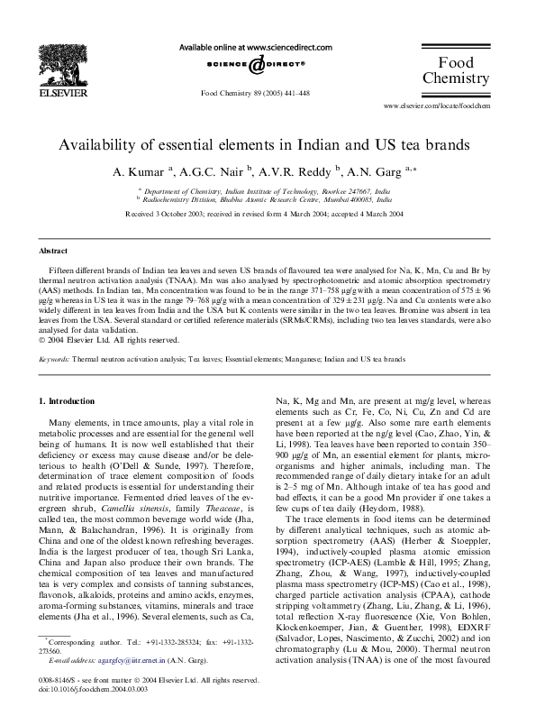 (PDF) Availability of essential elements in Indian and US tea brands