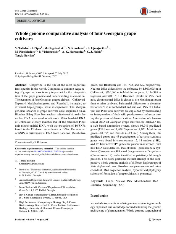 (PDF) Whole genome comparative analysis of four Georgian grape cultivars