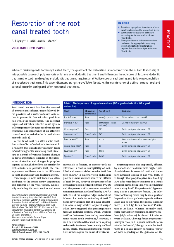 (PDF) Restoration of the root canal treated tooth