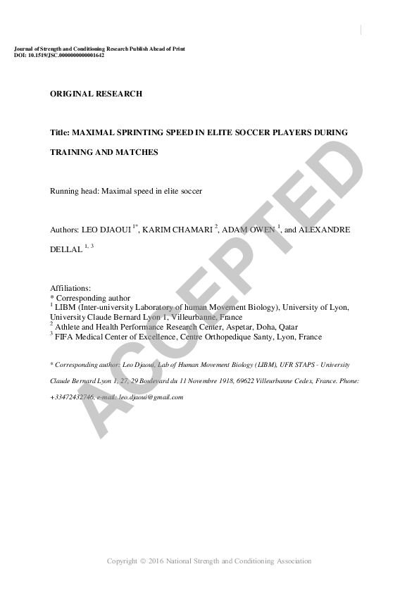 (PDF) Maximal Sprinting Speed of Elite Soccer Players During Training ...