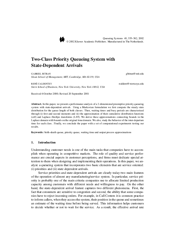 (PDF) Two-Class Priority Queueing System with State-Dependent Arrivals