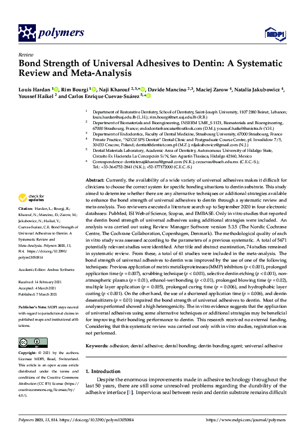 (PDF) Bond Strength of Universal Adhesives to Dentin A Systematic