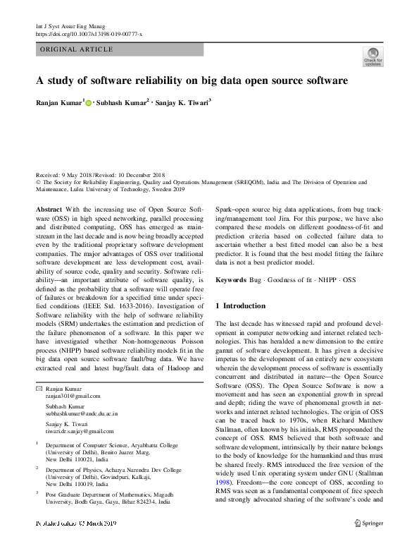 (PDF) A study of software reliability on big data open source software