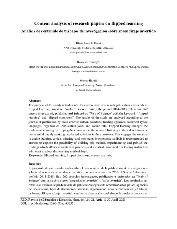 (PDF) Content analysis of research papers on flipped learning