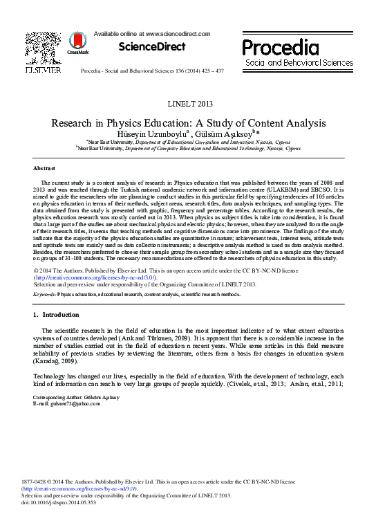 (PDF) Research in Physics Education: A Study of Content Analysis