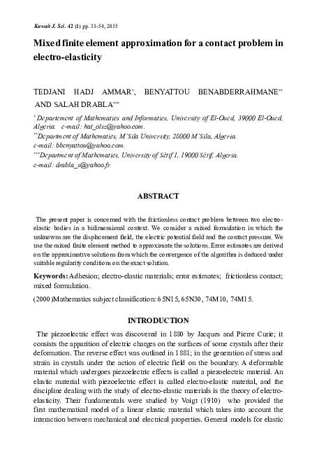 (PDF) Mixed finite element approximation for a contact problem in ...